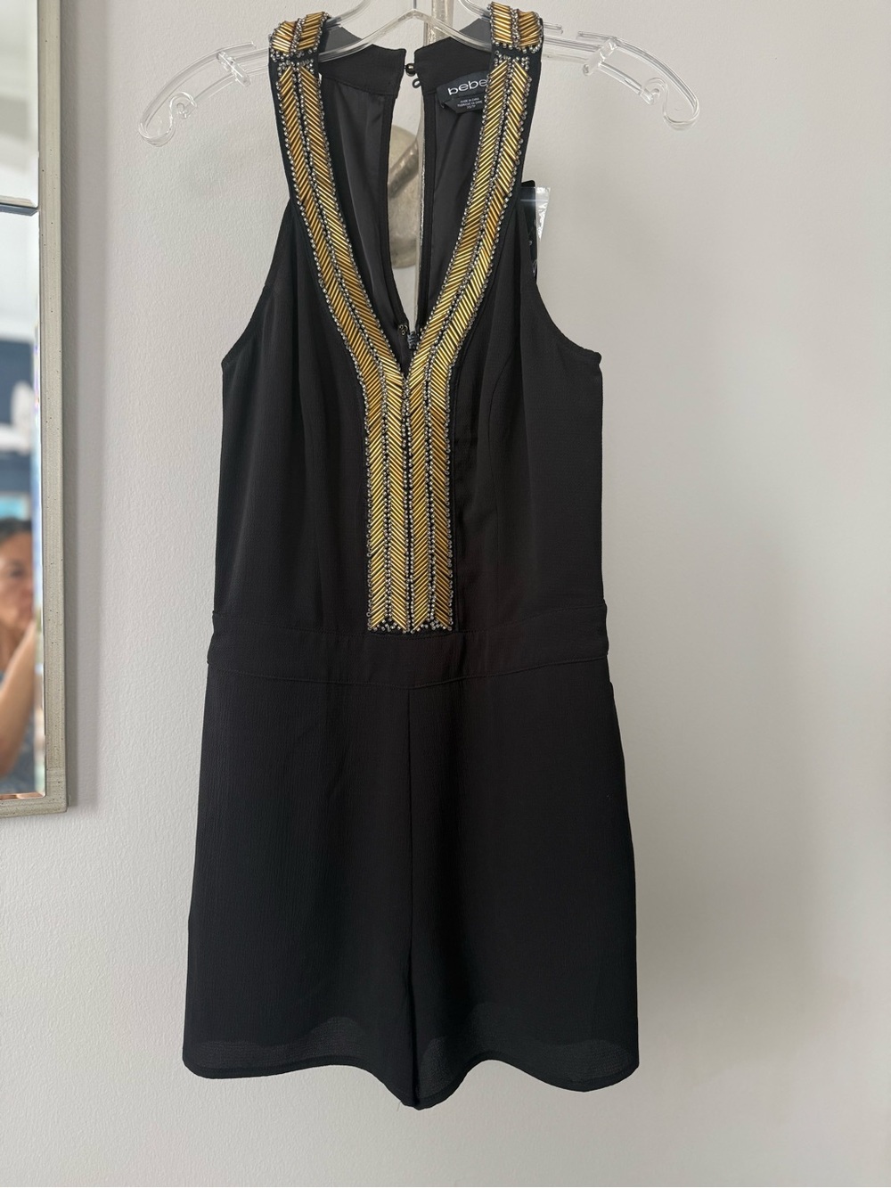 bebe Black V-Neck Romper with Gold & Silver Beaded Trim